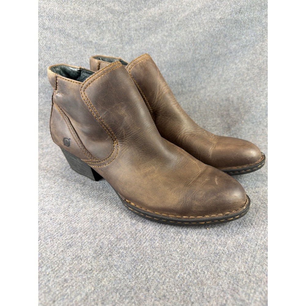 Born Ankle Boots Women 8 Brown Leather W22113 Block Heel Pull On Booties